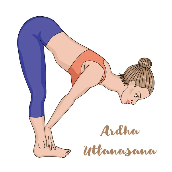 Silueta de mujer. De pie media hacia adelante doblar postura de yoga. Ardha uttanasana — Vector de stock