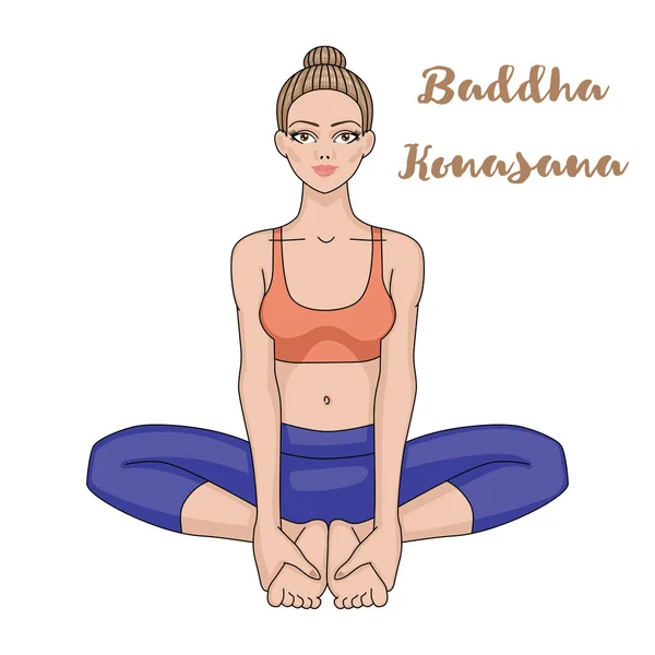 Vrouwen silhouet. Afhankelijke hoek yoga pose. Baddha Konasana — Stockvector