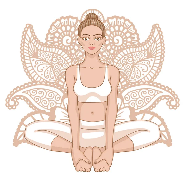 Silueta de mujer. Postura de yoga de ángulo unido. Baddha Konasana — Vector de stock