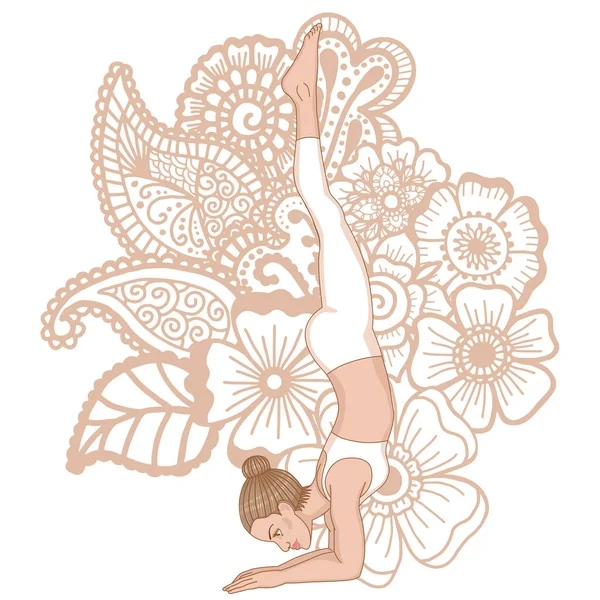 Frauensilhouette. gefiederte Pfau Yoga-Pose. Pincha mayurasana — Stockvektor
