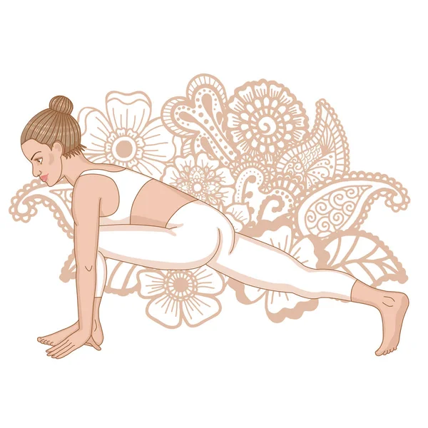 Silueta de mujer. La pose de yoga ecuestre. Ashwa Sanchalanasana — Vector de stock