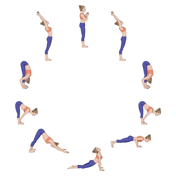 Salut au soleil. Surya namaskara A. Séquence de yoga . — Image vectorielle