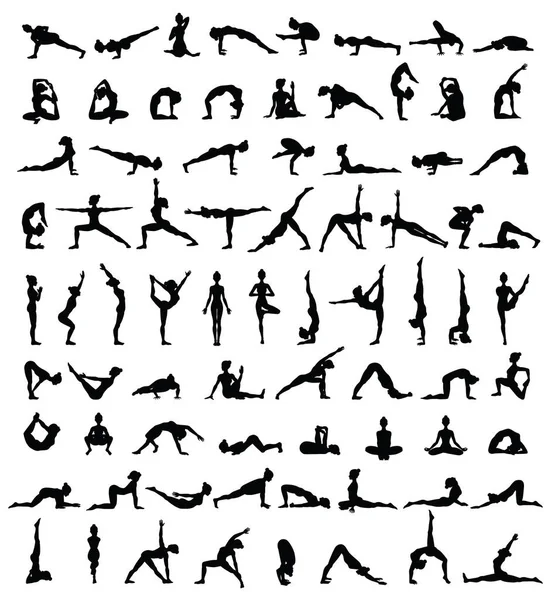 Sílhuetas femininas. Coleção de poses de ioga. Conjunto de Asana . —  Vetores de Stock