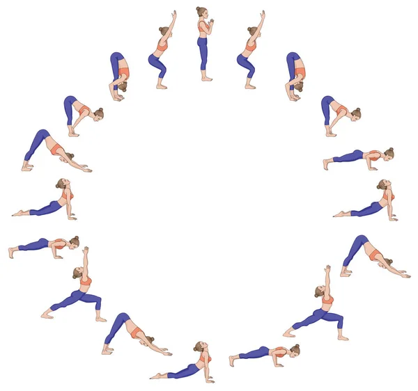 Salut au soleil. Surya namaskara B. Séquence de yoga . — Image vectorielle