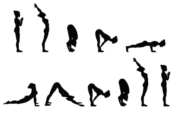 Saludo al sol. Surya namaskara A. Secuencia de yoga . — Archivo Imágenes Vectoriales