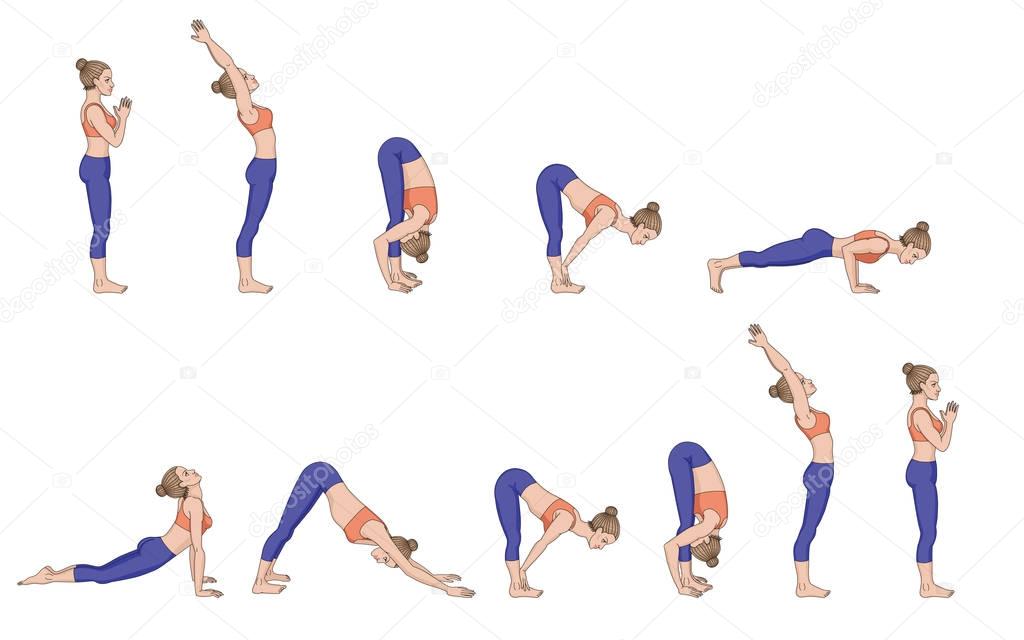 Sun salutation. Surya namaskara A. Yoga sequence.