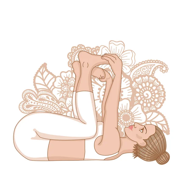 Silhouette femminile. Bambino felice, posa di yoga insetto morto. Ananda Balasana — Vettoriale Stock