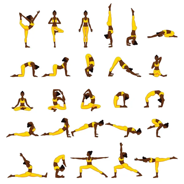 Silhouettes de femmes. Collection de poses de yoga. Ensemble Asana . — Image vectorielle