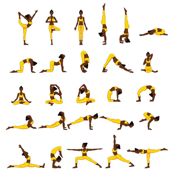 Kadın siluetleri. Yoga pozlar topluluğu. Asana seti.