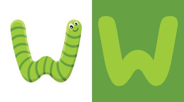 W için solucandır. Mektup solucan, şirin illüstrasyon W.. Hayvan alfabesi.