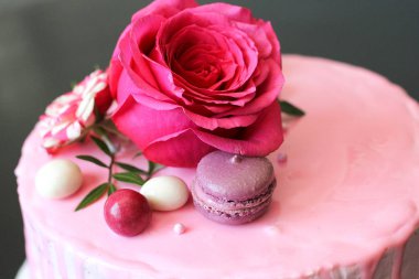 Rose ve macarons tarafından dekore edilmiş lezzetli pembe ev yapımı kek