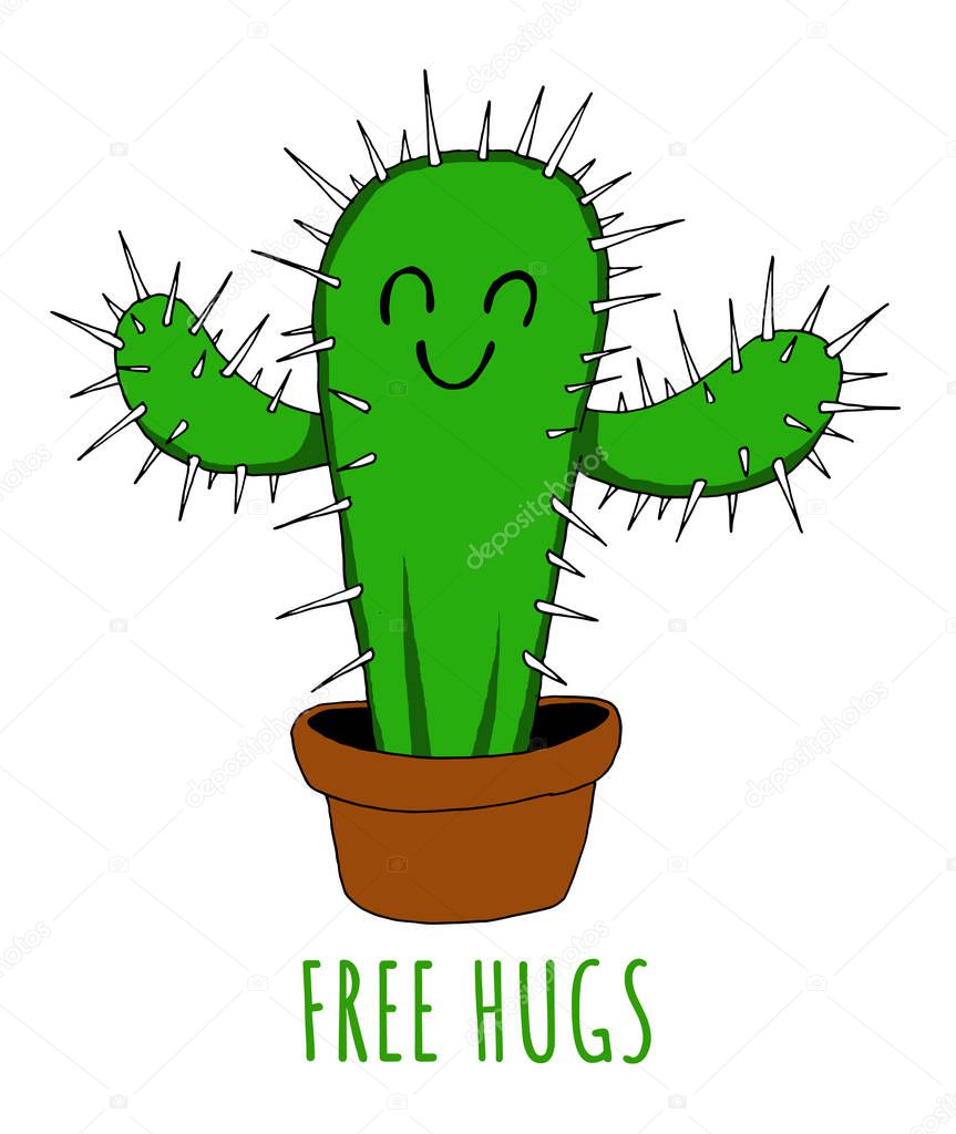 Funny illustration of a cactus full of spikes saying he gives free hugs