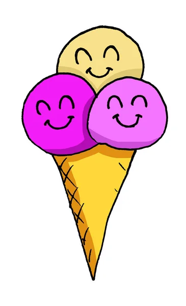 Illustration Ice Cream Three Balls Different Flavors Each Faces — ストック写真