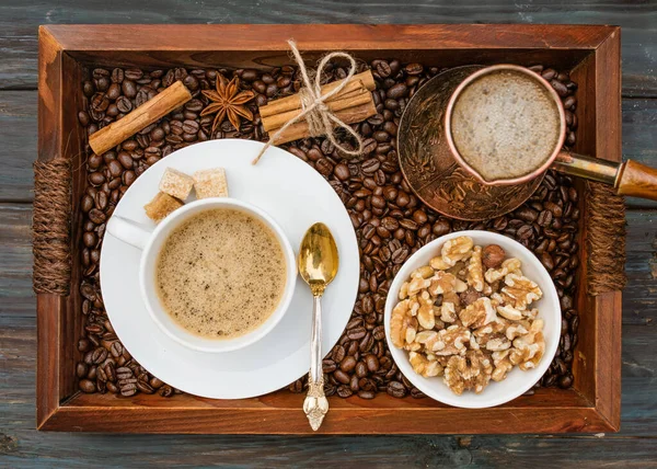 Cup Coffee Nuts Bowl Coffeepot Cinnamon Anise Sugar Coffee Beans — Stock Photo, Image