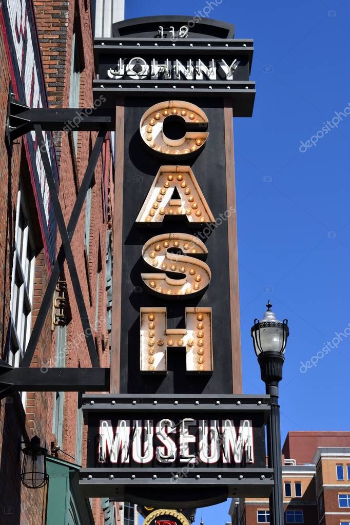 Nashville, Tennessee, USA - May 01, 2017: Johnny Cash museum exterior neon sign advertisement at Nashville, Tennessee.