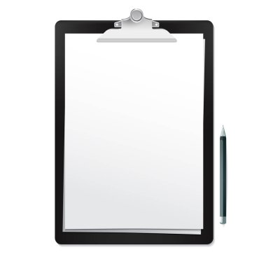 Gerçekçi siyah Pano beyaz boş sayfa ve beyaz zemin üzerine kalem ile. Vektör mockup, çizimler ve yazıtlar sununuz için.