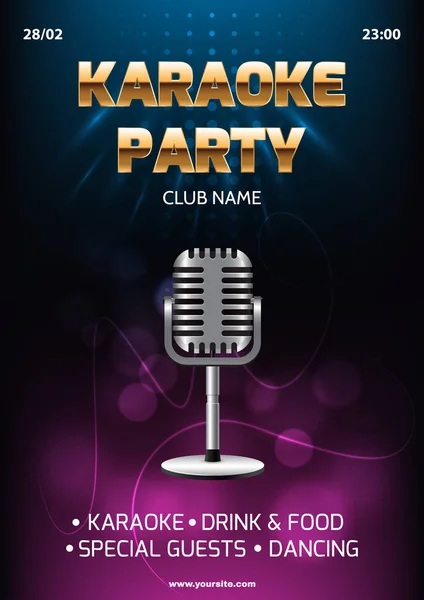 Karaoke party Pozvánka flyer šablony. Tmavé pozadí s abstraktní světlo a odlesky. Stříbrné retro mikrofon v centru. Velikost A4. Vektorové eps 10. — Stockový vektor