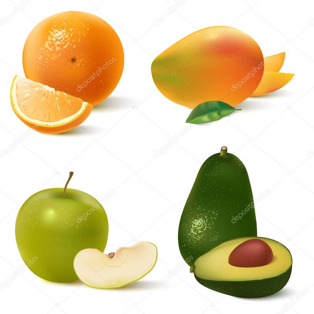 Realistic fruits set isolated on white background. Orange, mango,green apple, avocado. Vector illustration for your design.