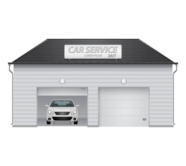 Auto service center with automatic gates and parked white car. Facade of the garage. Signboard on the black roof. Vector realistic illustration on white isolated background. Eps 10