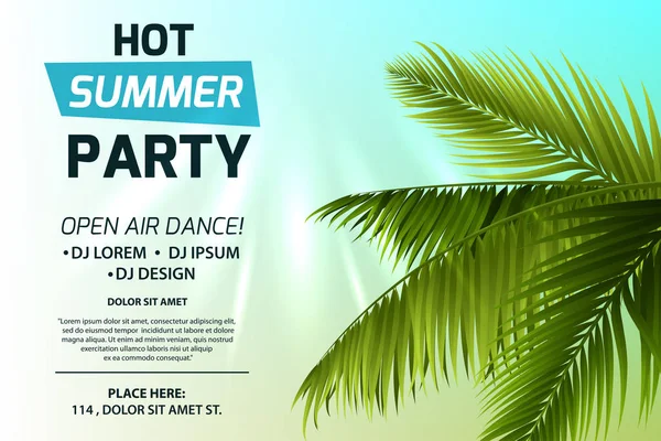 Het sommar party inbjudan konceptet. Text på ljus bakgrund. Gröna palmblad och solens strålar. Färgglada vector mall för banner, reklam, webbsida, flyer, affisch. — Stock vektor