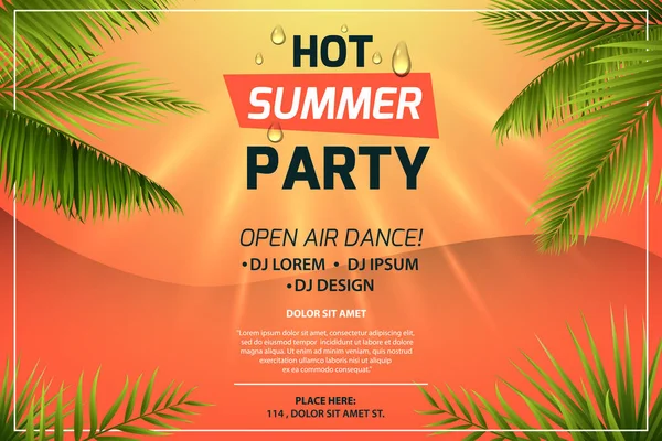 Het sommar party inbjudan konceptet. Text på sunset bakgrund. Ram av tropiska löv. Färgglada vector mall för banner, reklam, webbsida, flyer, affisch. — Stock vektor