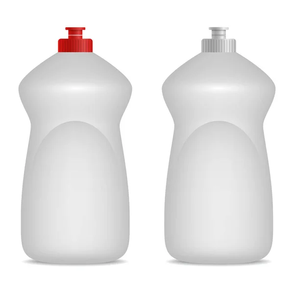 菜洗涤液或洗发水瓶子现实模拟了。红色和灰色的帽子。标签设计的空地方。为品牌的 3d 图。白色背景上孤立. — 图库矢量图片