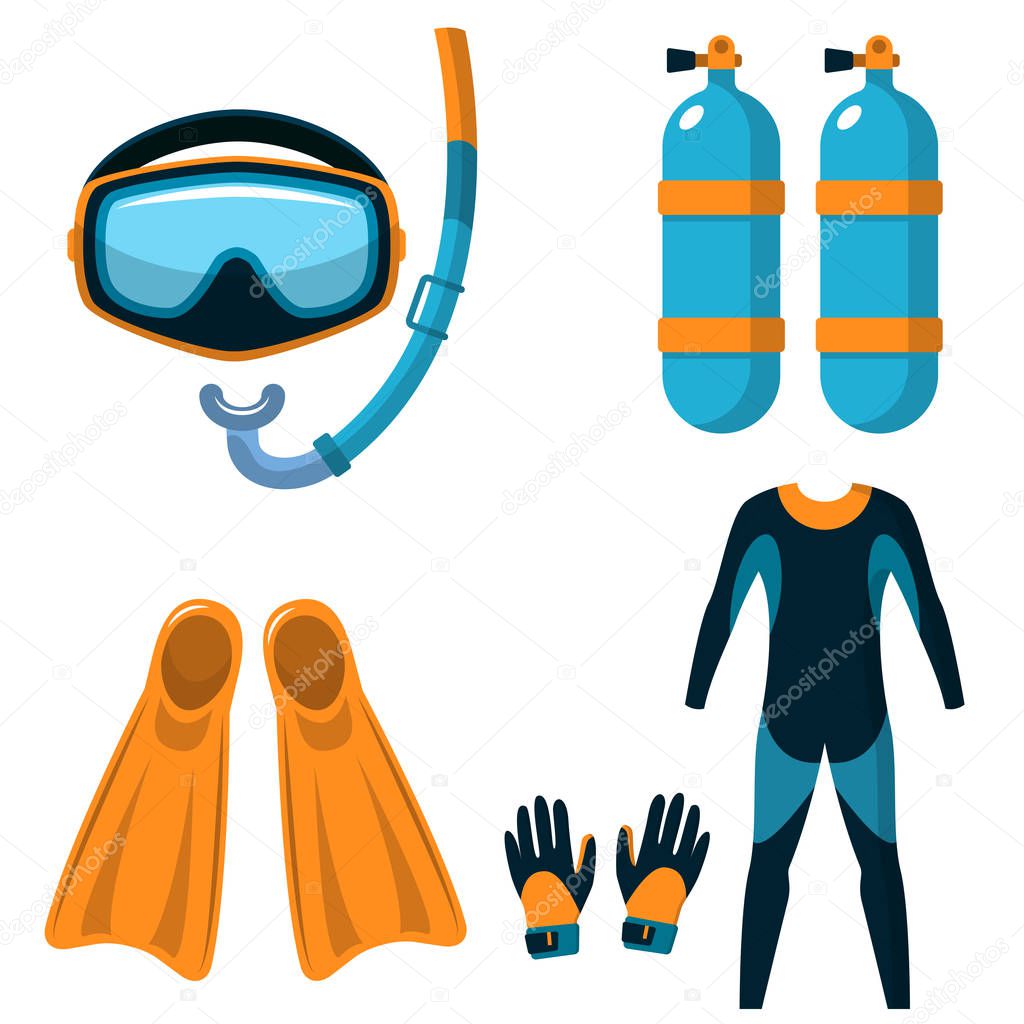 Diving stuff. Attributes for snorkeling. Mask, snorkel, oxygen cylinders, flippers, wetsuit and gloves. Flat illustration isolated on white.