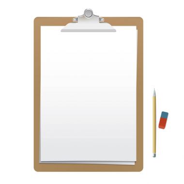 Gerçekçi ahşap pano ile beyaz boş sayfa, kurşun kalem ve silgi beyaz arka plan üzerinde izole. Vektör mockup çizimler ve iş sunumu için.