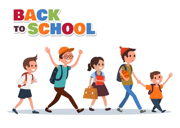 Voltar para a escola plana ilustração colorida. O grupo de miúdos com mochilas vai para a escola. Estilo dos desenhos animados. Vetor eps 10 . —  Vetores de Stock
