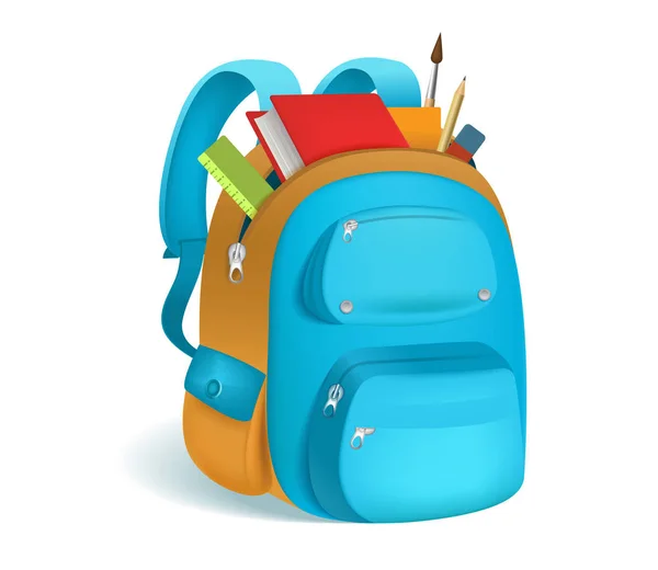 Cartable coloré avec fournitures scolaires. Sac à dos 3d avec fermeture éclair isolé sur fond blanc. Illustration vectorielle. Eps 10 . — Image vectorielle