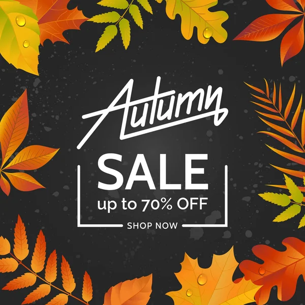 Sonbahar karanlık asfalt zemin üzerine bırakır. Sonbahar satış konsepti. Renkli resimde poster, afiş, el ilanı için. Vektör eps 10.