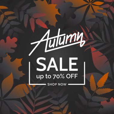 Koyu gri arka plan üzerinde renkli sonbahar yaprakları. Yeşillik çerçeve ile modern sonbahar satış poster kavramı. Sahil yolu, reklam, afiş, poster tasarımı için şablon. Vektör eps 10