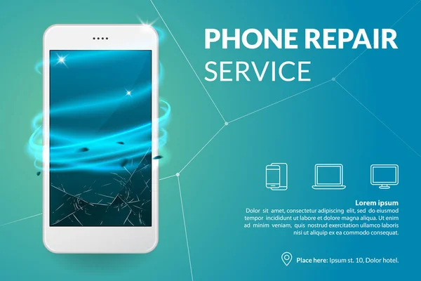Telefon tamir servisi banner şablon. Smartphone ile mavi arka plan üzerinde kırık ekran. Elektronik onarılıyor. Reklam kavramı. Vektör eps 10.