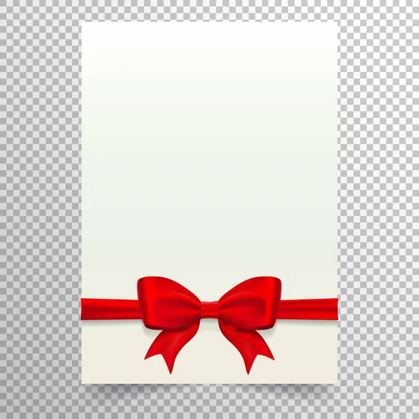 Blank paper sheet with red ribbon and bow. White blank a4 page isolated on transparent background. Applicable for wedding or birthday invitation design and gift voucher. Vector eps 10. — Stock Vector