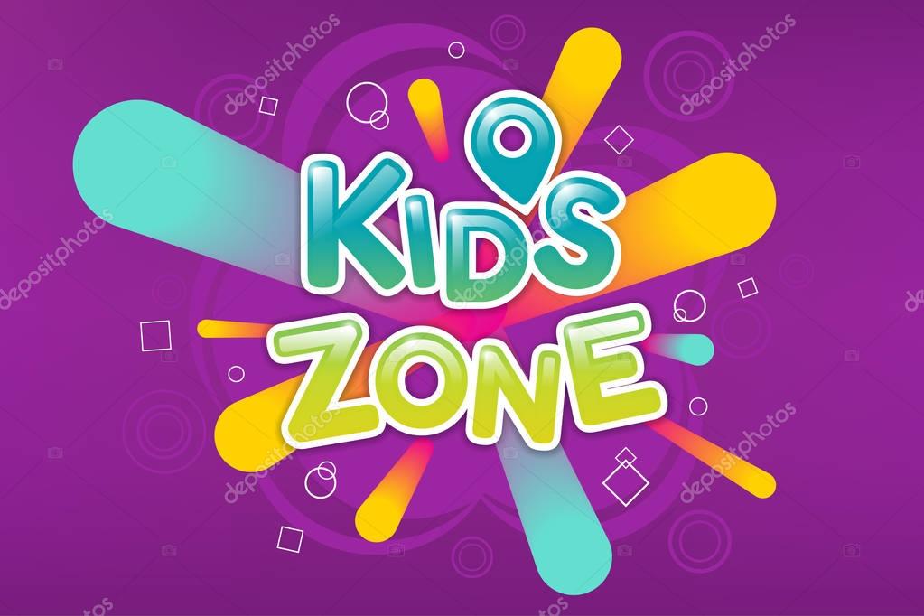Kids zone colorful banner. Caramel text on background of colored sprays. Poster for childrens playroom. Bright decoration for childish playground. Vector eps 10.