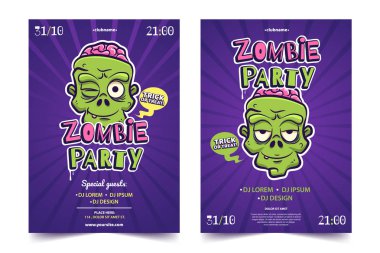 Cadılar Bayramı Kostüm Partisi a4 davet kavramı. Komik karikatür zomby leylak arka yüzünde. Zombi parti renkli poster. Afiş, poster, afiş için uygulanabilir. Vektör çizim.