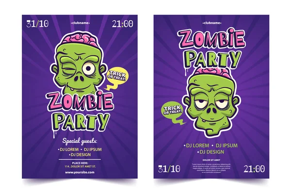 Cadılar Bayramı Kostüm Partisi a4 davet kavramı. Komik karikatür zomby leylak arka yüzünde. Zombi parti renkli poster. Afiş, poster, afiş için uygulanabilir. Vektör çizim.