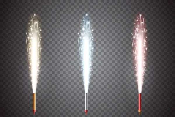 Juego de fuegos artificiales vectoriales. Fuente de chispas. Fuegos artificiales decorativos. Pilar de fuego brillante dorado, azul y rojo aislado sobre fondo transparente. Elemento de Año Nuevo y celebración de Navidad . — Archivo Imágenes Vectoriales