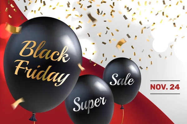 Banner zum Black Friday Sale. schwarze Luftballons mit goldenem und silbernem Text auf rotem Satin. Goldkonfetti fällt. Festplakat zum großen Verkauf. Vektor Folge 10. — Stockvektor