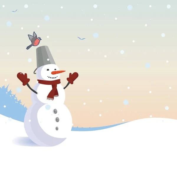 Card with funny snowman and snowfall. Vector illustration for your christmass design. — Stock Vector