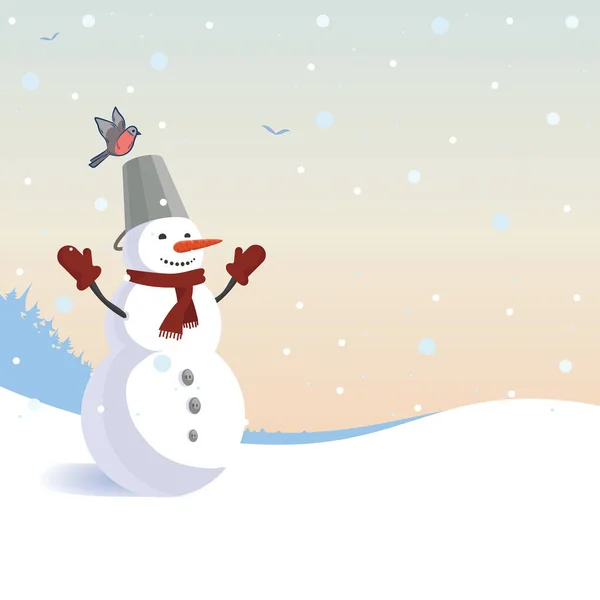 Карточка со снеговиком и снегопадом. Векторная иллюстрация для вашего рождественского дизайна . — стоковый вектор