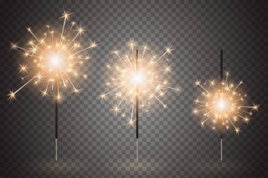 Christmas bengal light set. Realistic sparkler lights isolated on transparent background. Festive bright fireworks. Element of decorations for celebrations and holidays. Vector illustration clipart