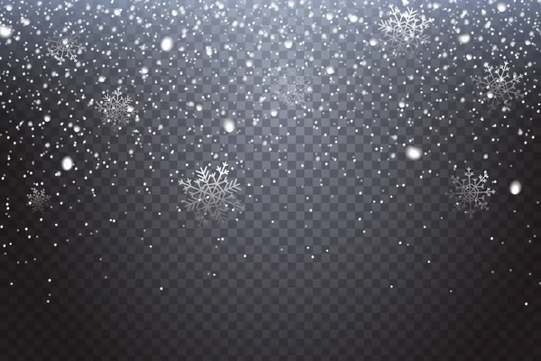 Primera nieve. Copos de nieve que caen realistas aislados sobre fondo transparente. Elemento de decoración de invierno para su diseño navideño. Ilustración vectorial . — Archivo Imágenes Vectoriales