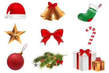 Noel simgeler kümesi. Renkli Noel simgeleri beyaz şeffaf arka plan üzerinde izole. Geleneksel Xmas öznitelikleri. Vektör çizim. EPS 10