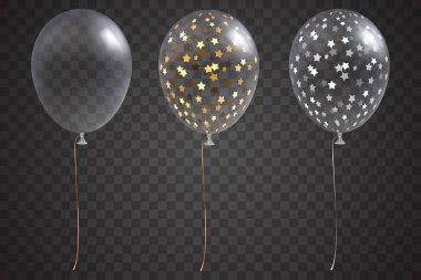 Altın ve gümüş konfeti içinde üç şeffaf balonlarla. Saydam arka plan üzerinde izole. Vektör şenlikli helyum balonları ayarlayın. Tatil dekorasyon öğesi tasarımınız için. EPS 10
