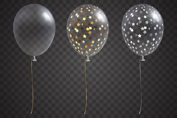 Altın ve gümüş konfeti içinde üç şeffaf balonlarla. Saydam arka plan üzerinde izole. Vektör şenlikli helyum balonları ayarlayın. Tatil dekorasyon öğesi tasarımınız için. EPS 10