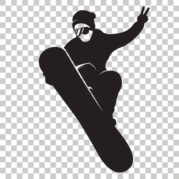 Snowboarder Silhouette isolado em fundo transparente. Logotipo preto estilizado Snowboarder. Cavaleiro com snowboard. Ícone do desporto de Inverno. Ilustração vetorial. Eps 10 — Vetor de Stock