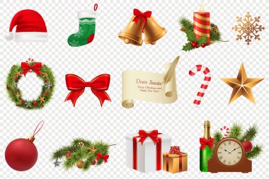 Noel simgeler büyük ayarlayın. Renkli Noel simgeleri beyaz şeffaf arka plan üzerinde izole. Geleneksel Xmas öznitelikleri. Vektör çizim. EPS 10