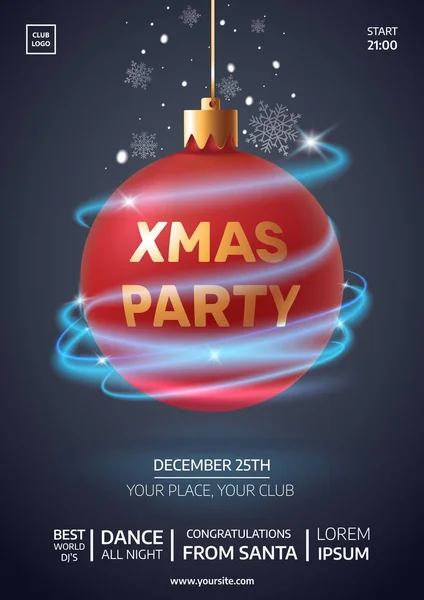 Xmas party invitation flyer. Realistic red christmas ball with falling snowflakes and glittering blue magic waves. New Years holiday vector illustration. Applicable for web banner, poster, card. — Stock Vector
