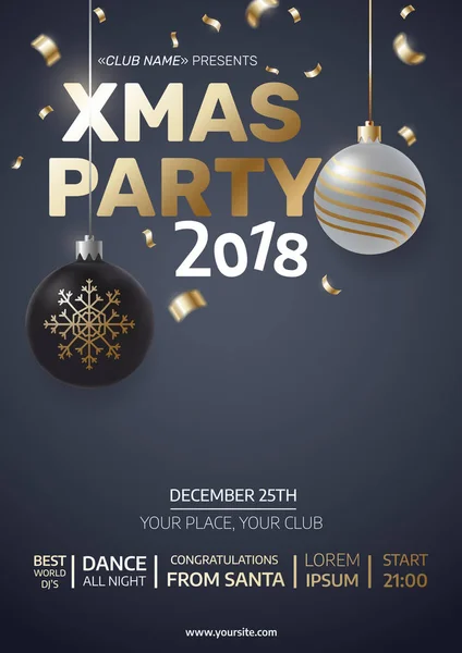 Nowoczesne Boże Narodzenie ilustracja z czarno -srebrne bombki i konfetti. A4 Xmas party zaproszenie. Miejsce na Twój tekst. Wektor eps 10 — Wektor stockowy